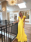 Prom Dress 2025 Yellow Chiffon Pleated Sheath Prom Dresses Tiered Strap Corset Back 24115-unique elegant Prom Dresses-Yellow-Custom Size-vigocouture