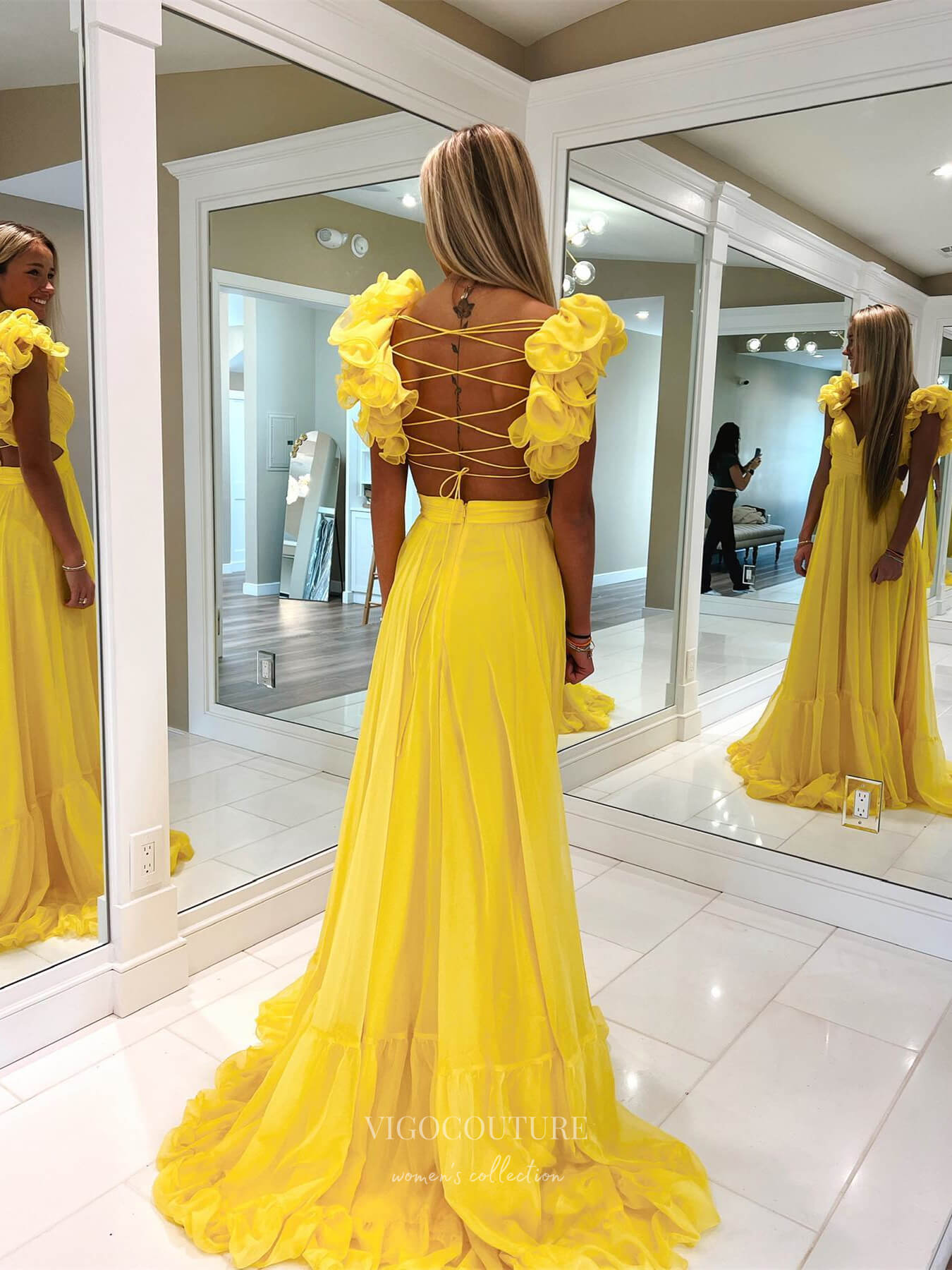 Yellow Chiffon Pleated Sheath Prom Dresses Tiered Strap Corset Back 24115 Yellow / 22W Yellow Chiffon Pleated Sheath Prom Dresses Tiered Strap Corset Back 24115 Yellow / 22W
