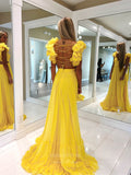 Prom Dress 2025 Yellow Chiffon Pleated Sheath Prom Dresses Tiered Strap Corset Back 24115-unique elegant Prom Dresses-Yellow-Custom Size-vigocouture