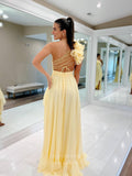 Prom Dress 2025 Yellow Chiffon Sheath Cheap Prom Dresses One Shoulder High Low Dress 24114-unique elegant Prom Dresses-Yellow-Custom Size-vigocouture