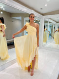 Prom Dress 2025 Yellow Chiffon Sheath Cheap Prom Dresses One Shoulder High Low Dress 24114-unique elegant Prom Dresses-Yellow-Custom Size-vigocouture