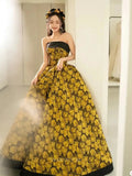 Prom Dresses 2025 to impress Yellow Floral Jacquard Prom Dresses Strapless Quinceanera Dresses SU079-vigocouture-vigocouture