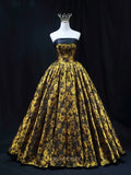 Prom Dresses 2025 to impress Yellow Floral Jacquard Prom Dresses Strapless Quinceanera Dresses SU079-vigocouture-Yellow-Custom Size-vigocouture