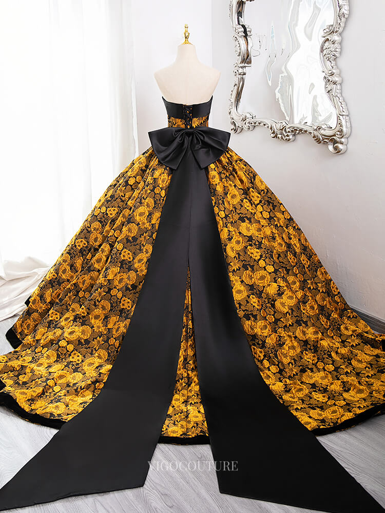 Yellow Floral Jacquard Prom Dresses with Bow Tie Back, Strapless Quinceanera Dresses BG010 Yellow / US10 Yellow Floral Jacquard Prom Dresses with Bow Tie Back, Strapless Quinceanera Dresses BG010 Yellow / US10