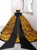 Prom Dresses 2025 to impress Yellow Floral Jacquard Prom Dresses with Bow Tie Back, Strapless Quinceanera Dresses BG010-vigocouture-vigocouture