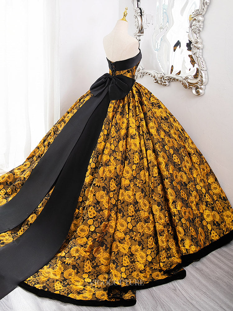 Prom Dresses 2025 to impress Yellow Floral Jacquard Prom Dresses with Bow Tie Back, Strapless Quinceanera Dresses BG010-vigocouture-vigocouture