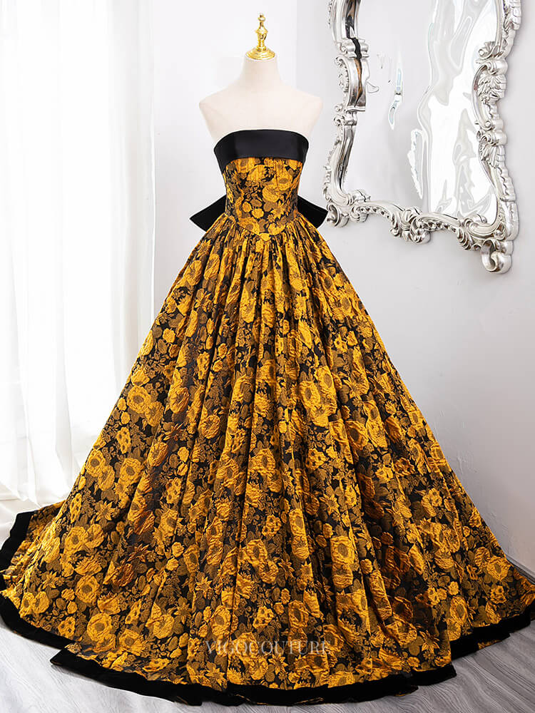 Prom Dresses 2025 to impress Yellow Floral Jacquard Prom Dresses with Bow Tie Back, Strapless Quinceanera Dresses BG010-vigocouture-vigocouture