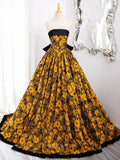 Prom Dresses 2025 to impress Yellow Floral Jacquard Prom Dresses with Bow Tie Back, Strapless Quinceanera Dresses BG010-vigocouture-vigocouture