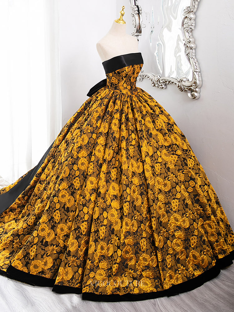 Prom Dresses 2025 to impress Yellow Floral Jacquard Prom Dresses with Bow Tie Back, Strapless Quinceanera Dresses BG010-vigocouture-vigocouture