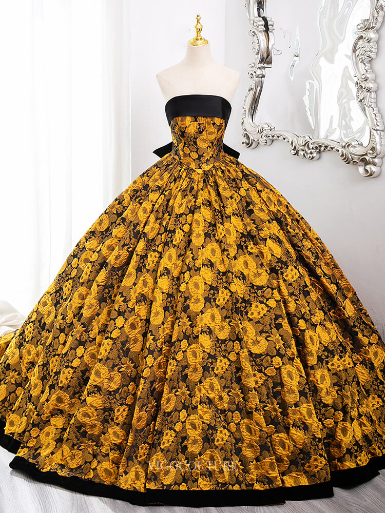 Prom Dresses 2025 to impress Yellow Floral Jacquard Prom Dresses with Bow Tie Back, Strapless Quinceanera Dresses BG010-vigocouture-Yellow-Custom Size-vigocouture