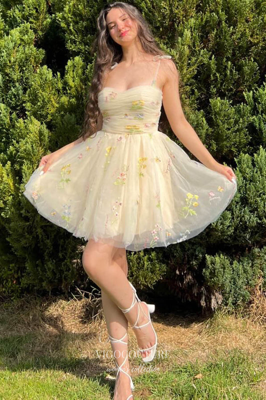 Short Prom Dresses 2025 Yellow Floral Lace Homecoming Dresses Spaghetti Strap Short Prom Dress hc444-Prom Dresses-vigocouture-Yellow-Custom Size-vigocouture