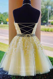 Short Prom Dresses 2025 Yellow Halter Neck Homecoming Dress Lace Applique Hoco Dress hc034-Prom Dresses-vigocouture-vigocouture