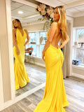 Prom Dress 2025 Yellow Halter Neck Open Back Prom Dresses Satin Mermaid V-Neck 24061-unique elegant Prom Dresses-Yellow-Custom Size-vigocouture