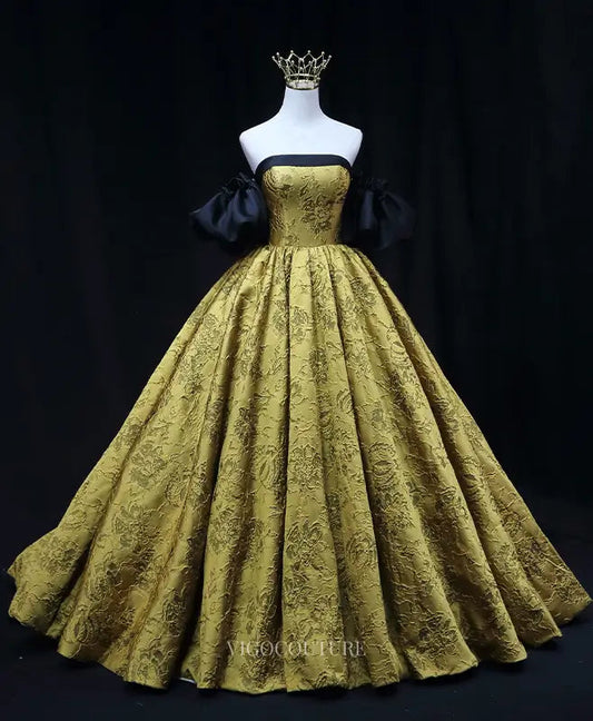 Prom Dresses 2025 to impress Yellow Jacquard Prom Dresses with Puffed Sleeve, Off the Shoulder Quinceanera Dresses SU078-vigocouture-Yellow-Custom Size-vigocouture