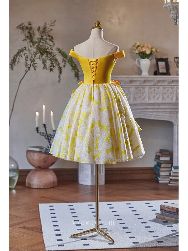 Short Prom Dresses 2025 Yellow Jacquard Satin Bow-Tie Homecoming Dress Off the Shoulder Graduation Dress hc334-Prom Dresses-vigocouture-vigocouture