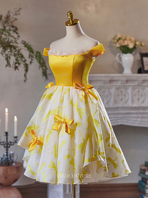 Yellow Jacquard Satin Bow-Tie Homecoming Dress Off the Shoulder Graduation Dress hc334 Custom Colors / 22W Yellow Jacquard Satin Bow-Tie Homecoming Dress Off the Shoulder Graduation Dress hc334 Custom Colors / 22W