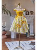 Short Prom Dresses 2025 Yellow Jacquard Satin Bow-Tie Homecoming Dress Off the Shoulder Graduation Dress hc334-Prom Dresses-vigocouture-vigocouture