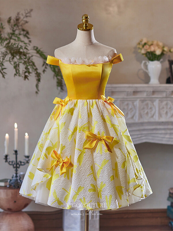 Short Prom Dresses 2025 Yellow Jacquard Satin Bow-Tie Homecoming Dress Off the Shoulder Graduation Dress hc334-Prom Dresses-vigocouture-Yellow-Custom Size-vigocouture