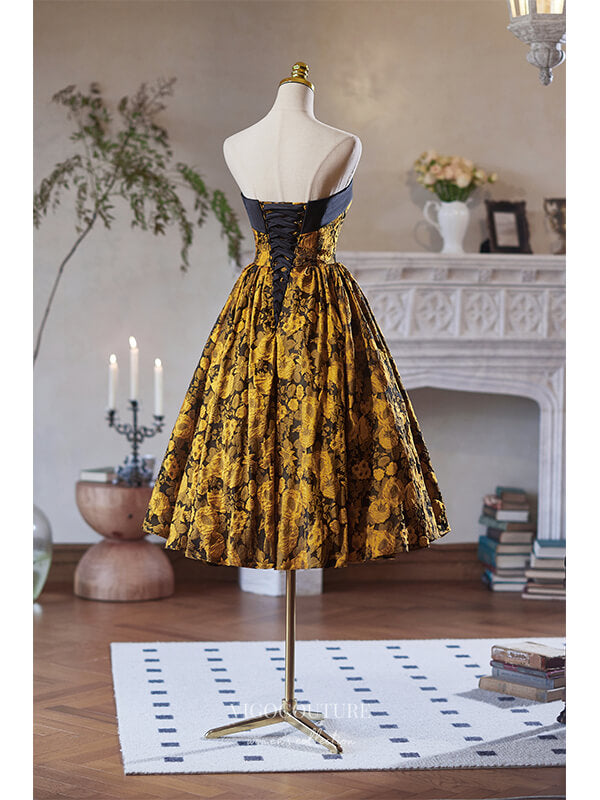 Yellow Jacquard Satin Homecoming Dress Strapless Tea-Length Dress hc33 vigocouture Yellow Jacquard Satin Homecoming Dress Strapless Tea-Length Dress hc33 vigocouture