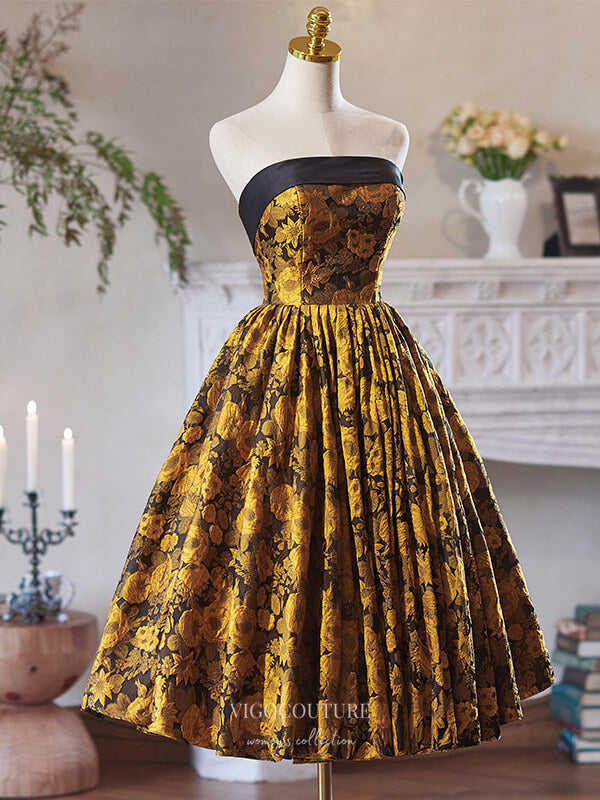 Yellow Jacquard Satin Homecoming Dress Strapless Tea-Length Dress HC330 Custom Colors / US16 Yellow Jacquard Satin Homecoming Dress Strapless Tea-Length Dress HC330 Custom Colors / US16