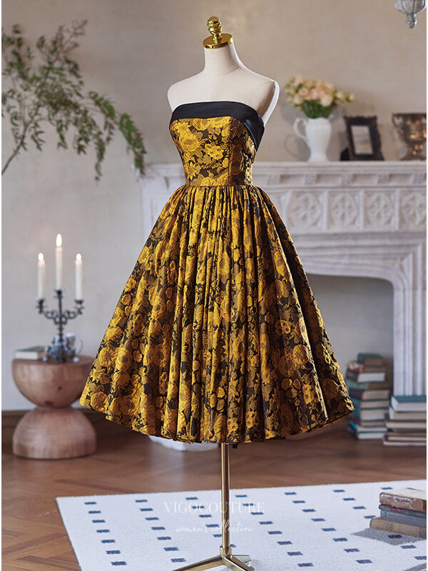 Short Prom Dresses 2025 Yellow Jacquard Satin Homecoming Dress Strapless Tea-Length Dress hc330-Prom Dresses-vigocouture-vigocouture