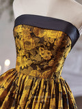 Short Prom Dresses 2025 Yellow Jacquard Satin Homecoming Dress Strapless Tea-Length Dress hc330-Prom Dresses-vigocouture-vigocouture