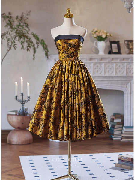 Yellow Jacquard Satin Homecoming Dress Strapless Tea-Length Dress hc33 vigocouture Yellow Jacquard Satin Homecoming Dress Strapless Tea-Length Dress hc33 vigocouture