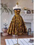 Short Prom Dresses 2025 Yellow Jacquard Satin Homecoming Dress Strapless Tea-Length Dress hc330-Prom Dresses-vigocouture-Yellow-Custom Size-vigocouture