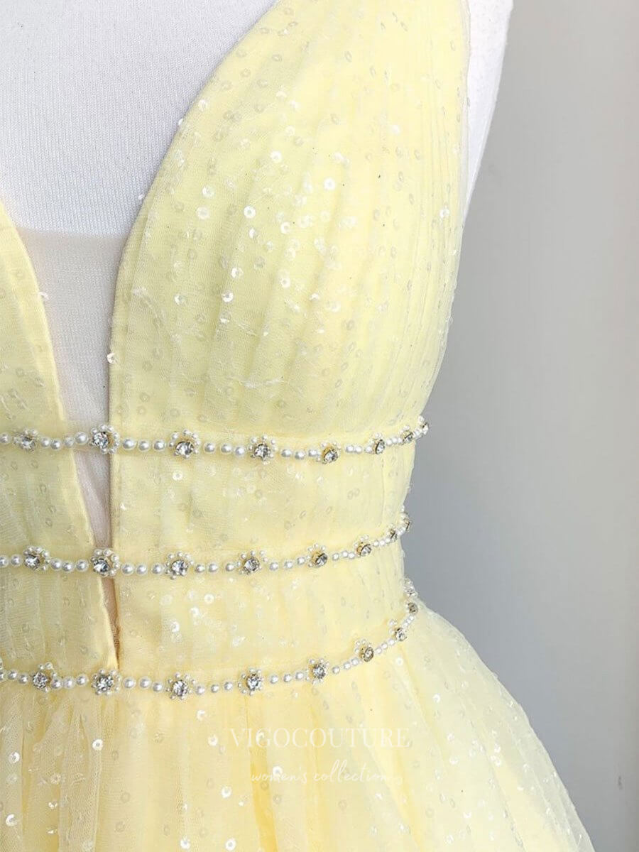 yellow graduation dresses Yellow Lace Applique Hoco Dress Sparkly Tulle Graduation Dress with Plunging V-Neck hc258 Custom Colors / US16