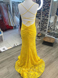 Prom Dress 2025 Yellow Lace Applique Mermaid Cheap Prom Dresses Spaghetti Strap Evening Dress 24161-unique elegant Prom Dresses-Yellow-Custom Size-vigocouture