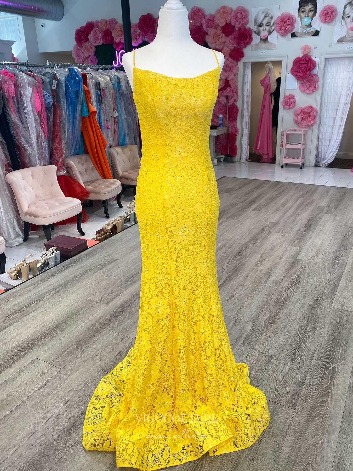 Prom Dress 2025 Yellow Lace Applique Mermaid Cheap Prom Dresses Spaghetti Strap Evening Dress 24161-unique elegant Prom Dresses-Yellow-Custom Size-vigocouture