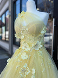 Prom Dress 2025 Yellow Lace Applique One Shoulder Prom Dresses with Slit Sheer Bodice 24165-unique elegant Prom Dresses-Yellow-Custom Size-vigocouture