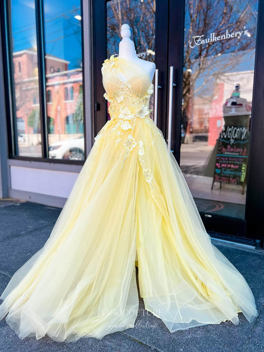 Prom Dress 2025 Yellow Lace Applique One Shoulder Prom Dresses with Slit Sheer Bodice 24165-unique elegant Prom Dresses-Yellow-Custom Size-vigocouture