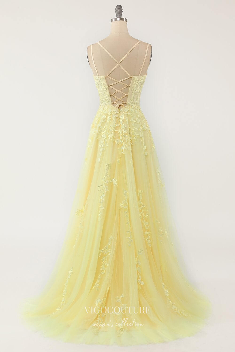 Prom Dress 2025 Yellow Lace Applique Prom Dresses Spaghetti Strap Evening Dress 22040-unique elegant Prom Dresses-Yellow-Custom Size-vigocouture