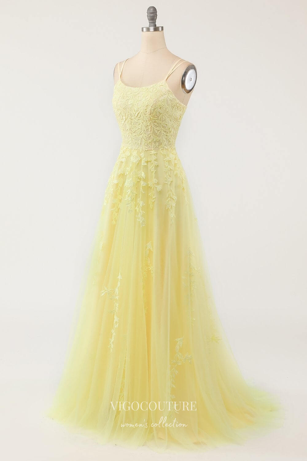 Prom Dress 2025 Yellow Lace Applique Prom Dresses Spaghetti Strap Evening Dress 22040-unique elegant Prom Dresses-Yellow-Custom Size-vigocouture