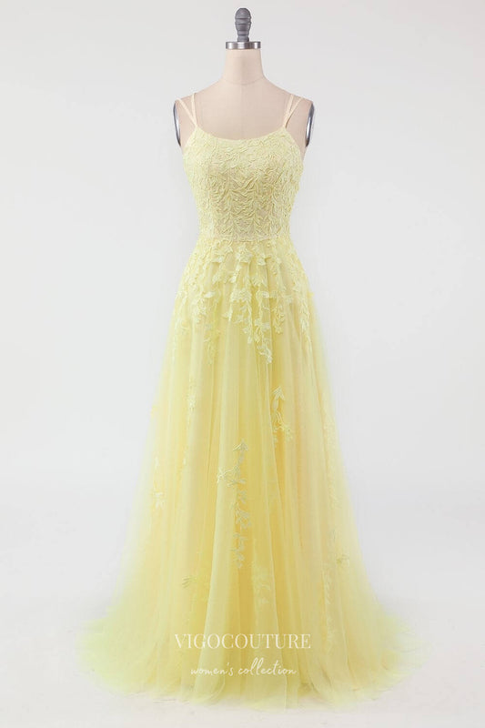 Prom Dress 2025 Yellow Lace Applique Prom Dresses Spaghetti Strap Evening Dress 22040-unique elegant Prom Dresses-Yellow-Custom Size-vigocouture