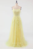 Prom Dress 2025 Yellow Lace Applique Prom Dresses Spaghetti Strap Evening Dress 22040-unique elegant Prom Dresses-Yellow-Custom Size-vigocouture