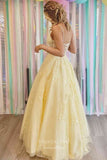 Prom Dress 2025 Yellow Lace Applique Prom Dresses Spaghetti Strap Formal Gown 22016-unique elegant Prom Dresses-Yellow-Custom Size-vigocouture