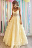 Prom Dress 2025 Yellow Lace Applique Prom Dresses Spaghetti Strap Formal Gown 22016-unique elegant Prom Dresses-Yellow-Custom Size-vigocouture