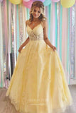 Prom Dress 2025 Yellow Lace Applique Prom Dresses Spaghetti Strap Formal Gown 22016-unique elegant Prom Dresses-Yellow-Custom Size-vigocouture