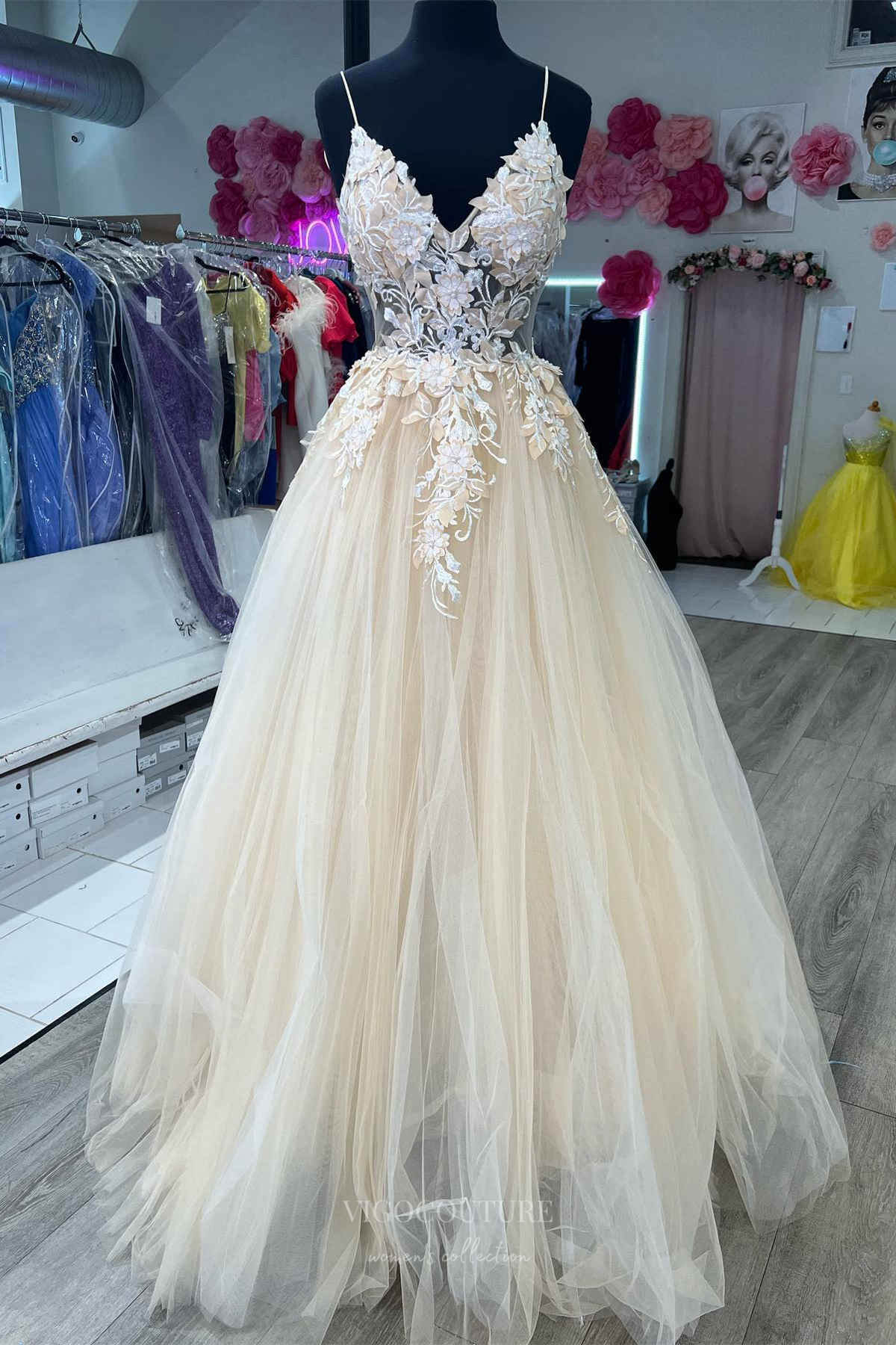 Prom Dress 2025 Yellow Lace Applique Prom Dresses Spaghetti Strap Sheer Bodice 24198-unique elegant Prom Dresses-Yellow-Custom Size-vigocouture