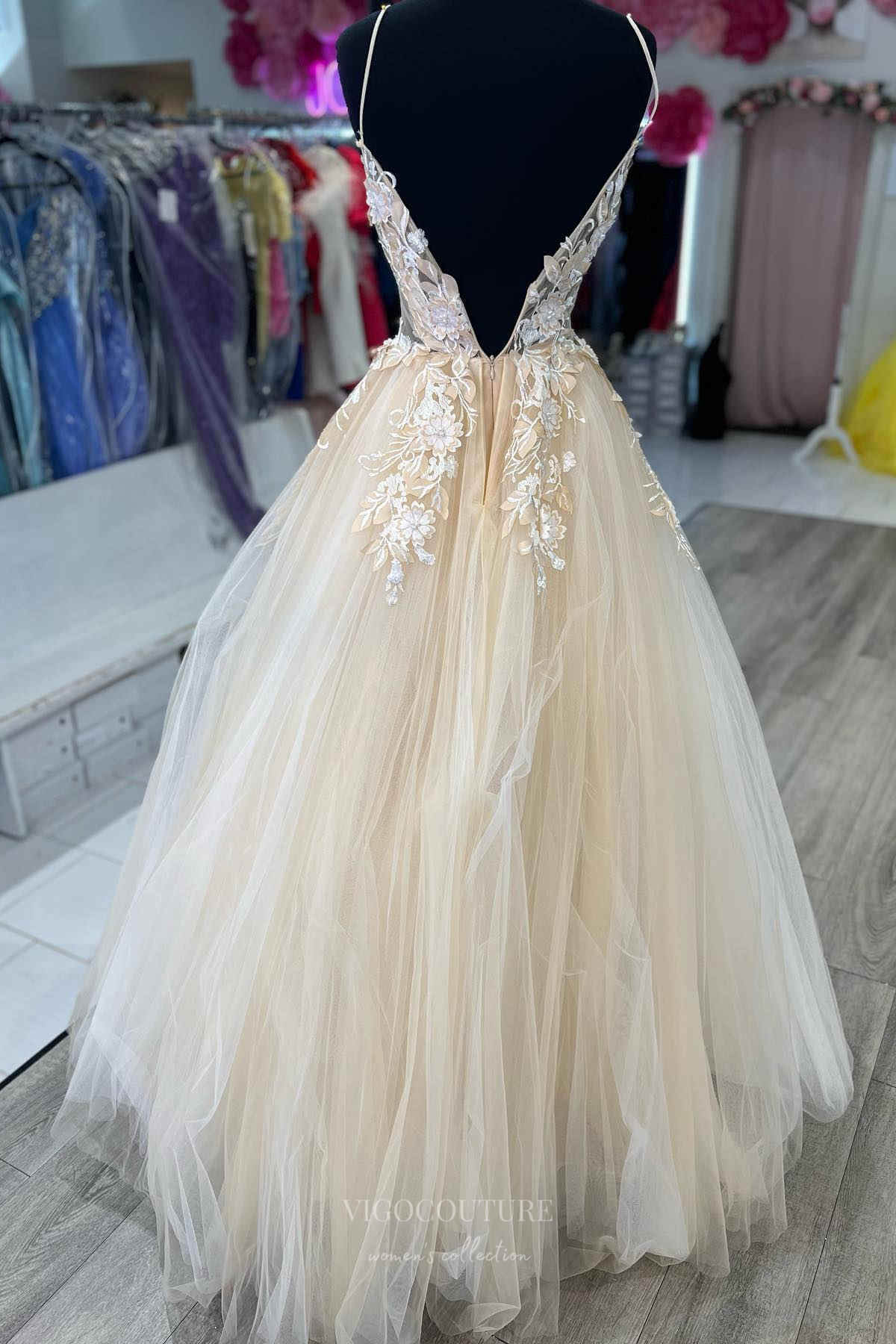 Prom Dress 2025 Yellow Lace Applique Prom Dresses Spaghetti Strap Sheer Bodice 24198-unique elegant Prom Dresses-Yellow-Custom Size-vigocouture