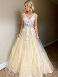 Prom Dress 2025 Yellow Lace Applique Prom Dresses V-Neck Formal Gown 20953-unique elegant Prom Dresses-Champagne-US2-vigocouture