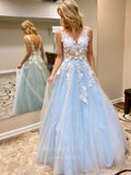 Prom Dress 2025 Yellow Lace Applique Prom Dresses V-Neck Formal Gown 20953-unique elegant Prom Dresses-Light Blue-US2-vigocouture