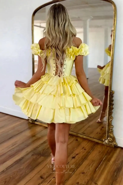 Prom Dresses 2025 to impress Yellow Off-Shoulder Ruffle Homecoming Dress with Corset Bodice and Tiered Skirt – HC507-vigocouture-vigocouture