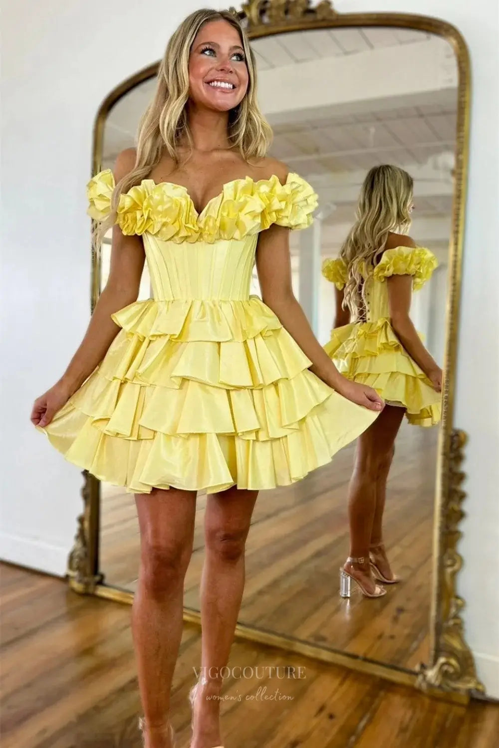 Yellow Off-Shoulder Ruffle Homecoming Dress with Corset Bodice and Tiered Skirt – HC507
