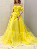 Prom Dress 2025 Yellow Off the Shoulder Prom Dresses Tulle A-Line Evening Dress 21768-unique elegant Prom Dresses-Yellow-US2-vigocouture