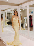 Prom Dress 2025 Yellow Pleated Satin Spaghetti Strap Prom Dresses Mermaid Corset Back 24099-unique elegant Prom Dresses-Yellow-Custom Size-vigocouture