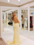 Prom Dress 2025 Yellow Pleated Satin Spaghetti Strap Prom Dresses Mermaid Corset Back 24099-unique elegant Prom Dresses-Yellow-Custom Size-vigocouture