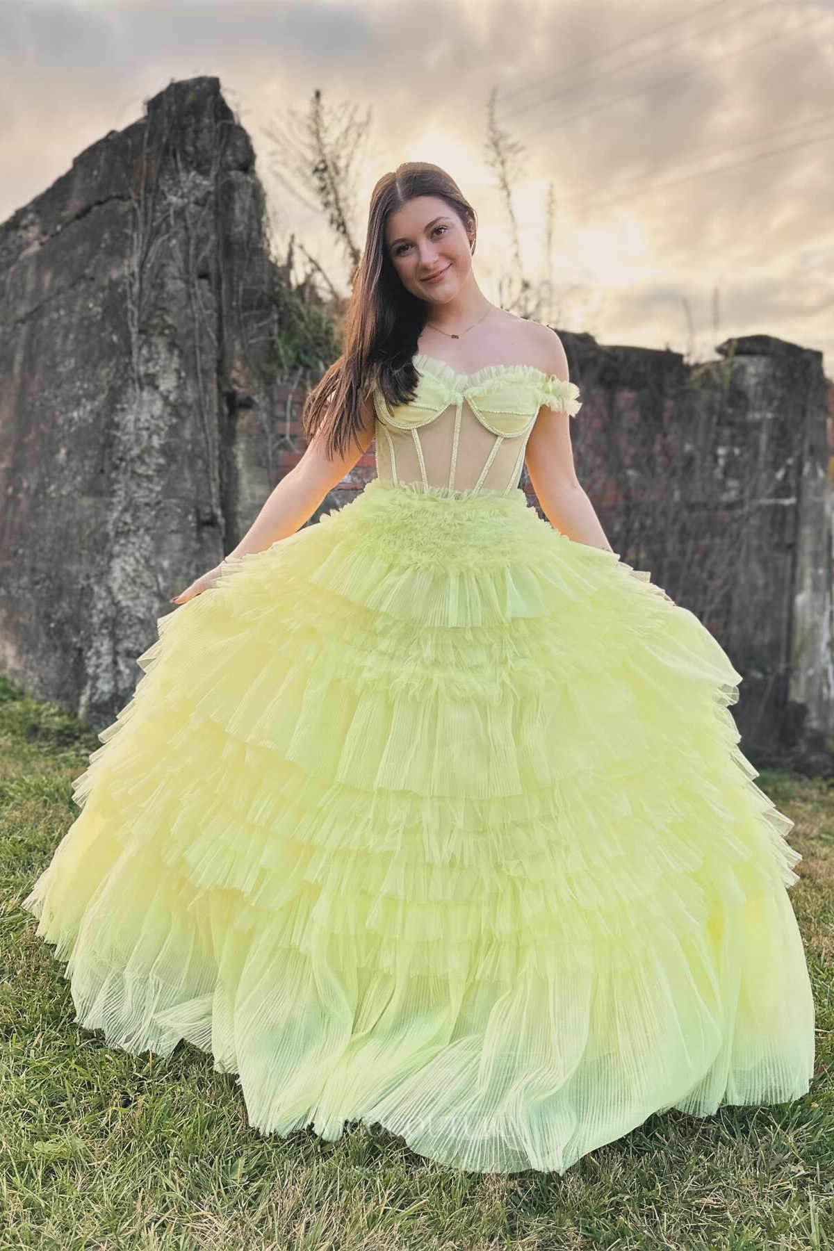 Prom Dress 2025 Yellow Pleated Tiered Prom Dresses 2024 Off the Shoulder Sheer Boned Bodice 24290-unique elegant Prom Dresses-Yellow-Custom Size-vigocouture